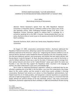 PATRICK JOSEPH BUCHANAN, “CULTURE WAR SPEECH: ADDRESS to the REPUBLICAN NATIONAL CONVENTION” (17 AUGUST 1992) Eric C. Miller