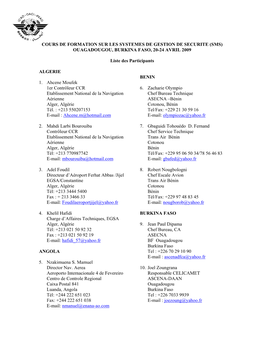 OUAGADOUGOU, BURKINA FASO, 20-24 AVRIL 2009 Liste Des