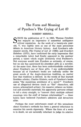 The Form and Meaning of Pynchon's the Crying of Lot 49