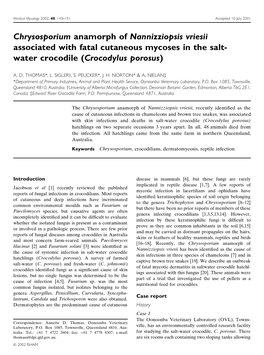 Chrysosporium Anamorph of Nannizziopsis Vriesii Associated with Fatal Cutaneous Mycoses in the Salt-Water Crocodile (Crocodylus