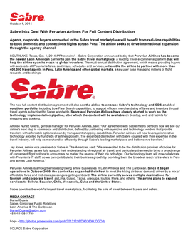 Sabre Inks Deal with Peruvian Airlines for Full Content Distribution