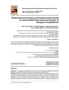 Phytochemical Screening and Antimicrobial Activity of Leaf and Stem-Bark Aqueous Extracts of Diospyros Mespiliformis