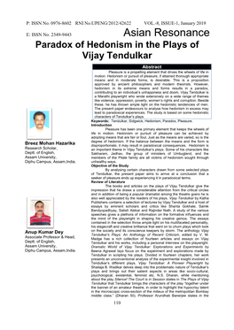 Paradox of Hedonism in the Plays of Vijay Tendulkar Abstract Pleasure Is a Propelling Element That Drives the Wheels of Life in Motion