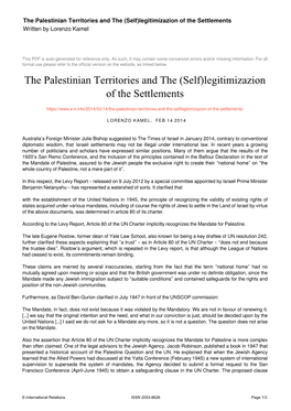 The Palestinian Territories and the (Self)Legitimizazion of the Settlements Written by Lorenzo Kamel