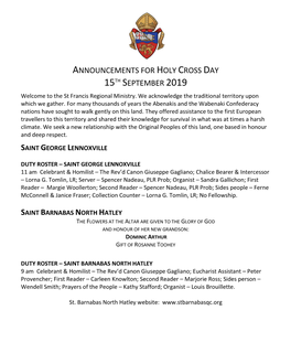 Announcements for Holy Cross Day 15Th September 2019