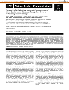 Chemical Profile, Radical Scavenging and Cytotoxic Activity of 1487 - 1490 Yellow Gentian Leaves (Genitaneae Luteae Folium) Grown in Northern Regions of Montenegro