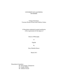 Victorian Women Writers and Celebrity Culture a Dissertation Submitted