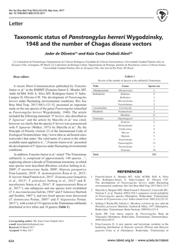 Letter Taxonomic Status of Panstrongylus Herreri Wygodzinsky