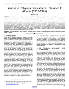 Issues on Religious Coexistence Tolerance in Albania (1912-1945)