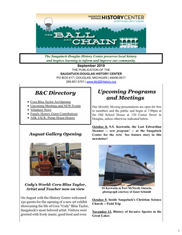 September 2019 the PUBLICATION of the SAUGATUCK-DOUGLAS HISTORY CENTER PO BOX 617 | DOUGLAS, MICHIGAN | 49406-0617 269.857.5751 |