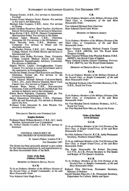 SUPPLEMENT to the LONDON GAZETTE, 31St DECEMBER 1997 Thomas FINNEY, O.B.E., for Services to Association C.B