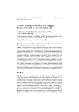 Vascular Plant Species Inventory of a Philippine Lowland Rain Forest and Its Conservation Value