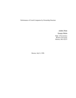 Performance of Czech Companies by Ownership Structure Andrew Weiss Georgiy Nikitin Dept. of Economics Boston University Boston