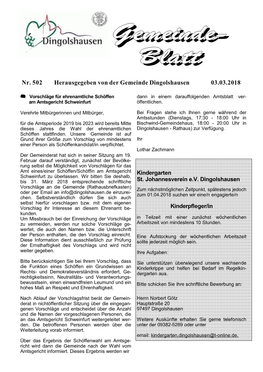 Nr. 502 Herausgegeben Von Der Gemeinde Dingolshausen 03.03.2018