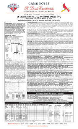 St. Louis Cardinals (2-3) at Atlanta Braves (0-4) Game #6 N Turner Field N April 10, 2016 Adam Wainwright (0-1, 4.50) Vs