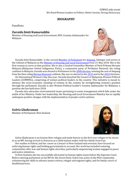 BIOGRAPHY Zuraida Binti Kamaruddin Golriz Ghahraman