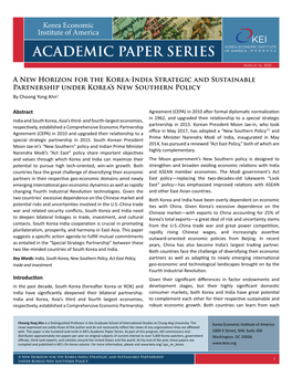 A New Horizon for the Korea-India Strategic and Sustainable Partnership Under Korea's New Southern Policy by Choong Yong Ahn1