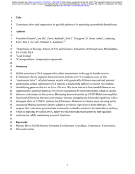 Centromere Drive and Suppression by Parallel Pathways for Recruiting Microtubule Destabilizers 4 5 Authors 6 7 Tomohiro Kumon1, Jun Ma1, Derek Stefanik1, Erik C