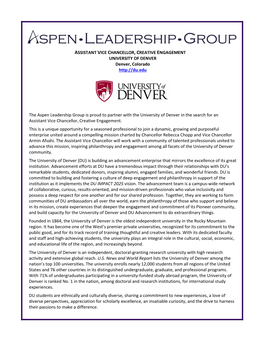 ASSISTANT VICE CHANCELLOR, CREATIVE ENGAGEMENT UNIVERSITY of DENVER Denver, Colorado