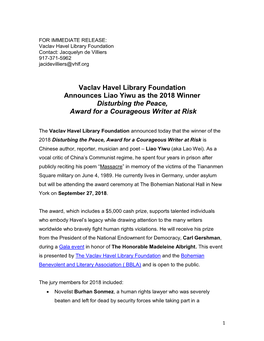 Vaclav Havel Library Foundation Announces Liao Yiwu As the 2018 Winner Disturbing the Peace, Award for a Courageous Writer at Risk