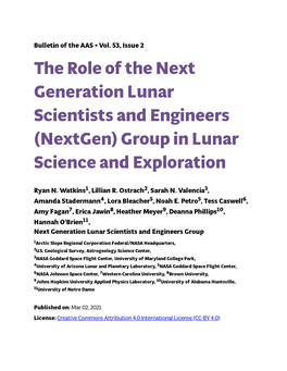 The Role of the Next Generation Lunar Scientists and Engineers (Nextgen) Group in Lunar Science and Exploration