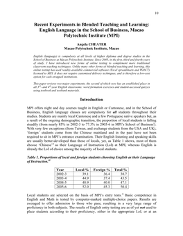 Recent Experiments in Blended Teaching and Learning: English Language in the School of Business, Macao Polytechnic Institute (MPI)