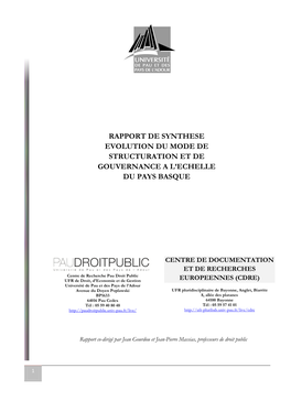 Rapport De Synthese Evolution Du Mode De Structuration Et De Gouvernance a L’Echelle Du Pays Basque