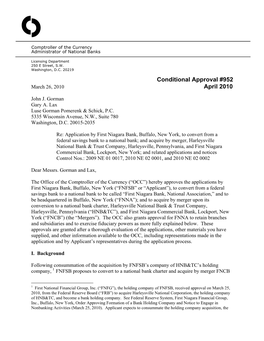 Conditional Approval #952 March 26, 2010 April 2010