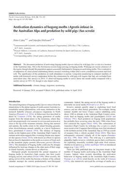 Aestivation Dynamics of Bogong Moths (Agrotis Infusa)In the Australian Alps and Predation by Wild Pigs (Sus Scrofa)