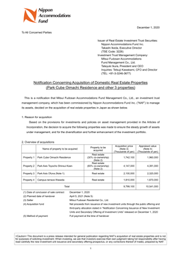 Notification Concerning Acquisition of Domestic Real Estate Properties (Park Cube Oimachi Residence and Other 3 Properties)