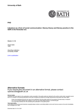 Alternative Formats If You Require This Document in an Alternative Format, Please Contact: Openaccess@Bath.Ac.Uk