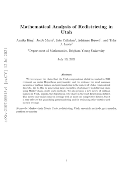 Mathematical Analysis of Redistricting in Utah Arxiv:2107.05515V1 [Cs.CY