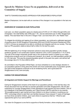 Speech by Minister Grace Fu on Population, Delivered at the Committee of Supply