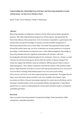 Understanding the Relationship Between Farmers and Burrowing Mammals on South African Farms: Are Burrowers Friends Or Foes?