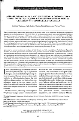 Disease, Demography, and Diet in Early Colonial New Spain: Investigation of a Sixteenth-Century Mixtec Cemetery at Teposcolula Yucundaa