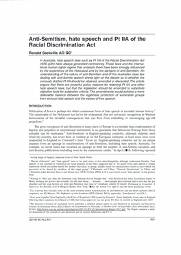 Anti-Semitism, Hate Speech and Pt IIA of the Racial Discrimination Act Ronald Sackville AO QC*