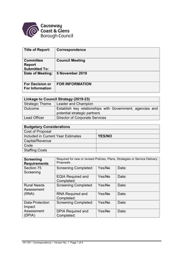 Correspondence Committee Report Submitted To: Council Meeting