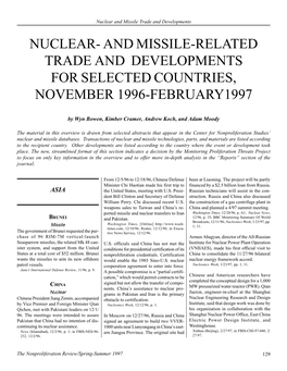 Npr 4.3: Nuclear- and Missile-Related Trade and Developments for Selected Countries, November 1996-February1997