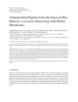 Antimicrobial Peptide from the Eusocial Bee Halictus Sexcinctus Interacting with Model Membranes