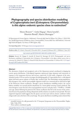 Phylogeography and Species Distribution Modelling of Cryptocephalus Barii (Coleoptera: Chrysomelidae): Is This Alpine Endemic Species Close to Extinction?*