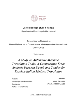 A Study on Automatic Machine Translation Tools: a Comparative Error Analysis Between Deepl and Yandex for Russian-Italian Medical Translation