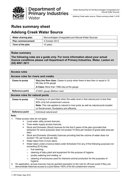 Rules Summary Sheet Adelong Creek Water Source
