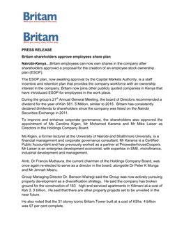 PRESS RELEASE Britam Shareholders Approve Employees Share Plan Nairobi-Kenya…