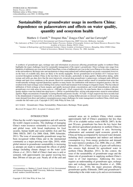 Sustainability of Groundwater Usage in Northern China: Dependence on Palaeowaters and Effects on Water Quality, Quantity and Ecosystem Health