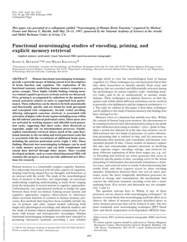 Functional Neuroimaging Studies of Encoding, Priming, and Explicit Memory Retrieval (Implicit Memory͞prefrontal͞visual͞functional Mri͞positron-Emission Tomography)