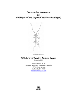 Conservation Assessment for Holsinger's Cave Isopod