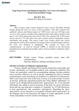 Clap-Trap Tweets and Epideictic Episodes: Two Years of Evaluative Praise from President Trump Darrell L. Roe Eastern New Mexico