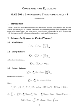 1 Introduction 2 Balances for Systems (Or Control Volumes)