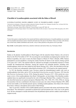 Zootaxa, Checklist of Acanthocephala Associated with the Fishes