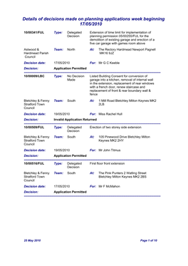 Details of Decisions Made on Planning Applications Week Beginning 17/05/2010